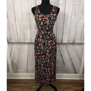 VINTAGE Putumayo Women's Small Black Floral Sleeveless Midi Dress Y2K 90's